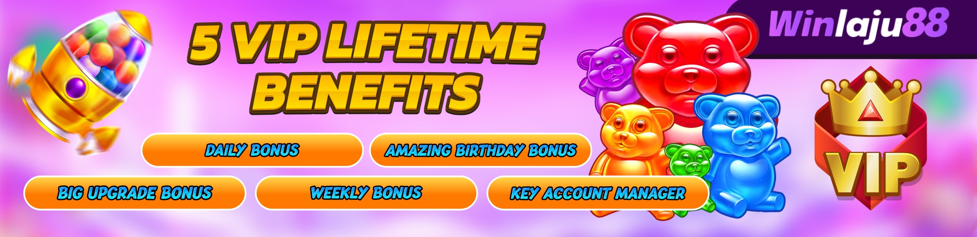 WINLAJU88 5 VIP LIFETIME BENEFITS SCROLL BANNER