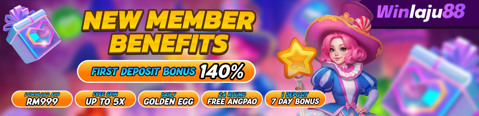 WINLAJU88 NEW MEMBER BENEFITS SCROLL BANNER